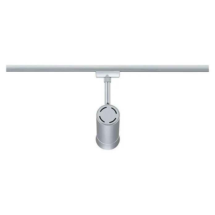 Paulmann URail LED-Spot Tarie - 5,5 W, 6 x 16,05 cm, Chrom - Nahaufnahme einer silbernen Schienenleuchte, die an einer Metallschiene befestigt ist und einen zylindrischen Lampenkopf besitzt.