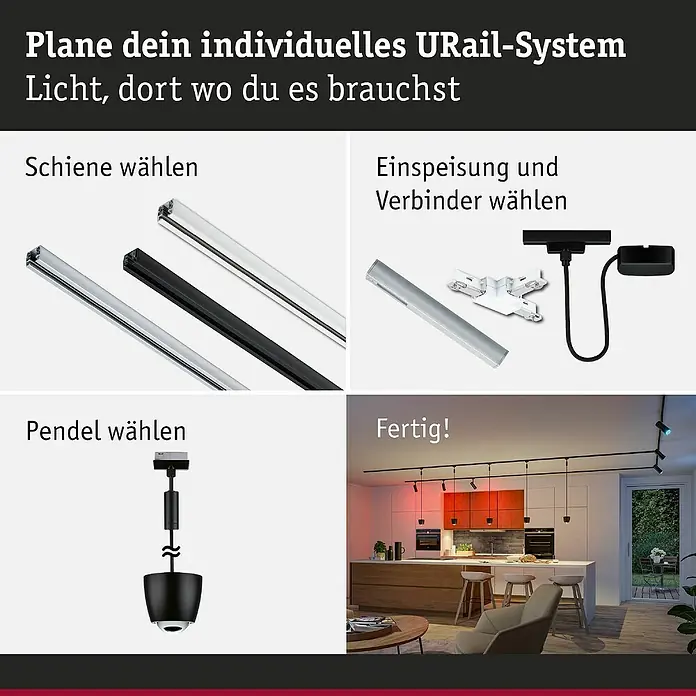 Paulmann URail LED-Pendelleuchte Tyros - 5,5 W, Ø x H: 10 x 10,3 cm, RGBW, Schwarz matt - URail-System zur individuellen Lichtplanung. Auswahl von Schienen, Einspeisung, Verbindern und Pendeln für die ideale Beleuchtung.