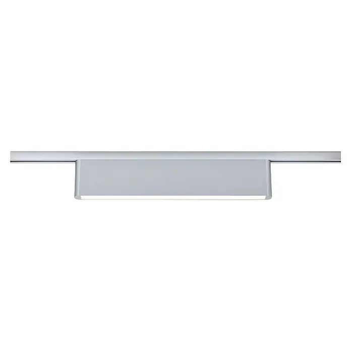 Paulmann URail LED-Lichtleiste Ceris - L x B x H: 2,3 x 37,2 x 7,4 cm, Lichtfarbe: Warmweiß, Chrom matt, 3.000 K - Nahaufnahme einer grauen, heruntergezogenen Jalousie, die vor einem Fenster oder einer anderen Öffnung angebracht ist.