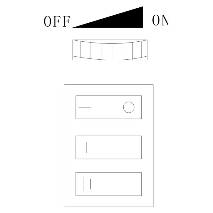 Fulmo Chimenea eléctrica Genova - 2.000 W, Negro, 23 x 46 x 36,5 cm - Ilustración de un panel de control electrónico con interruptores y un control deslizante etiquetado como "OFF" y "ON".