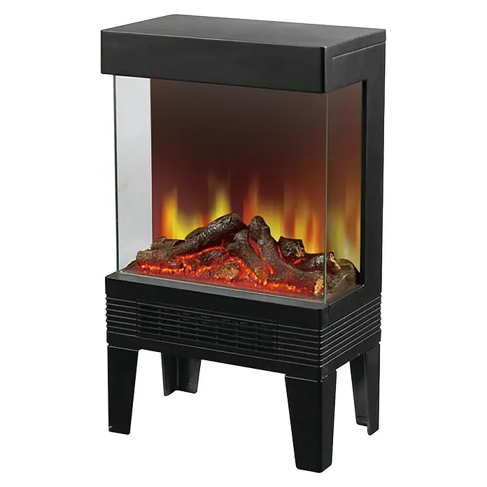 Fulmo Chimenea eléctrica Rotterdam - 1.850 W, Negro, 31 x 51 x 56 cm - Primer plano de una chimenea eléctrica moderna con llamas y troncos simulados.