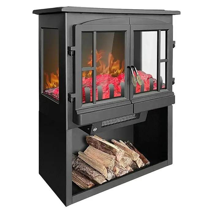 Fulmo Chimenea eléctrica Manchester - 2.000 W, Negro, 30 x 59,9 x 76,5 cm - Imagen de una chimenea eléctrica con llamas simuladas y troncos para decoración.