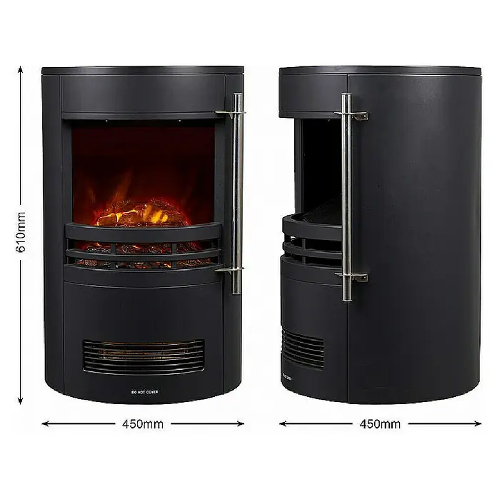 Fulmo Chimenea eléctrica Barcelona - 2.000 W, Negro, 41 x 41 x 64,5 cm - Imagen de una chimenea eléctrica negra con detalles plateados y dimensiones.