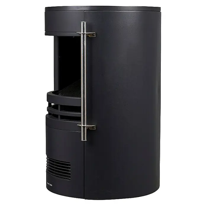 Fulmo Chimenea eléctrica Barcelona - 2.000 W, Negro, 41 x 41 x 64,5 cm - Una chimenea cilíndrica negra con un asa plateada. Su diseño moderno y minimalista crea un aspecto elegante.