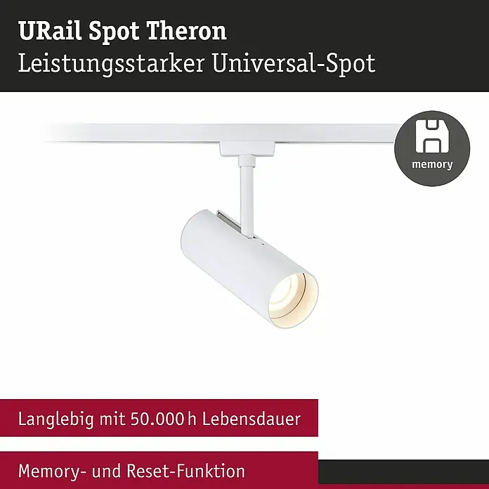 Paulmann URail LED-Spot Theron - 13 W, Signalweiß, Warmweiß, 6,2 x 20 cm, 3.000 K - Produktbild eines weißen URail Spot Theron Strahlers, ein leistungsstarker Universal-Spot mit Memory- und Reset-Funktion und langer Lebensdauer.