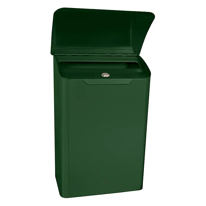 Proregal Wandbriefkasten Lugon aus verzinktem Stahl mit Namensschild - Grün, Stahl, Namensschild - Ein grüner Briefkasten mit offenem Deckel. Der Briefkasten ist aus Metall und hat ein Schloss. Er ist rechteckig und steht auf dem Boden.