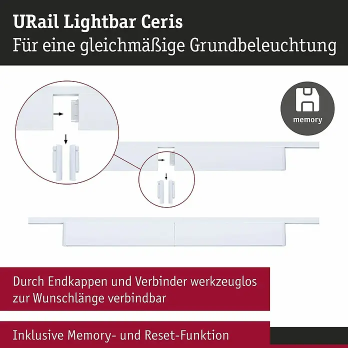 Paulmann URail LED-Lichtleiste Ceris - L x B x H: 2,3 x 37,2 x 7,4 cm, Lichtfarbe: Warmweiß, Signalweiß, 3.000 K - Produktbild der URail Lightbar Ceris zur gleichmäßigen Grundbeleuchtung, werkzeuglos verbindbar und mit Memory- und Reset-Funktion.