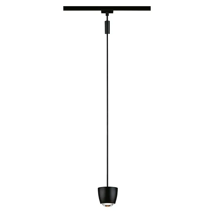 Paulmann URail LED-Pendelleuchte Tyros - 5,5 W, Ø x H: 10 x 10,3 cm, RGBW, Schwarz matt - Nahaufnahme einer stilvollen schwarzen Pendelleuchte, die modernes Design und minimalistische Ästhetik vereint.