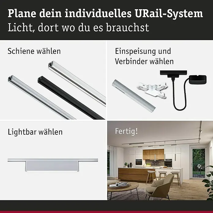 Paulmann URail LED-Lichtleiste Ceris - L x B x H: 2,3 x 37,2 x 7,4 cm, Lichtfarbe: Warmweiß, Chrom matt, 3.000 K - Das Bild zeigt eine Anleitung zur Konfiguration eines URail-Systems mit Schienen, Einspeisungen, Verbindern und Lightbars.