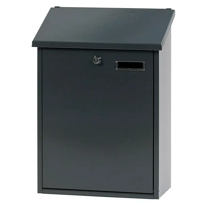 Proregal Wandbriefkasten Sebastian mit Schrägdach & Namensschild - L x B x H: 16 x 32,5 x 44,5 cm, Anthrazit, Metall, Namensschild - Elegantes Anthrazitgraues Briefkasten-Design für den Außenbereich, mit abschließbarer Tür und integriertem Briefschlitz, ideal für moderne Wohnhäuser.