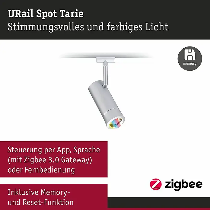 Paulmann URail LED-Spot Tarie - 5,5 W, 6 x 16,05 cm, Chrom - Produktbild der URail Spot Tarie, die stimmungsvolles und farbiges Licht bietet, steuerbar per App oder Fernbedienung, mit Memory- und Reset-Funktion.