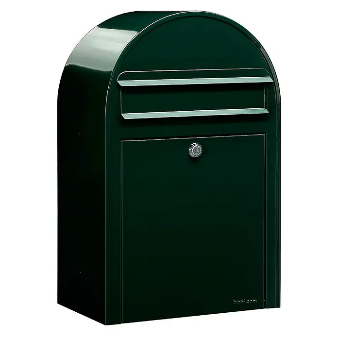Proregal Wandbriefkasten Miami - Grün, Metall - Das Bild zeigt einen grünen Bobi-Briefkasten mit Schloss, der eine stilvolle und sichere Möglichkeit zur Postaufbewahrung bietet.
