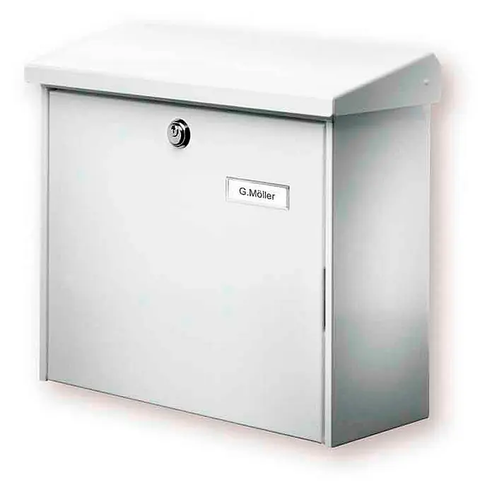 Proregal Wandbriefkasten Comfort aus verzinkem Edelstahl - Weiß, Stahl - Weißer Briefkasten mit Schloss und Namensschild "G. Möller". Der Briefkasten ist aus Metall und hat ein schlichtes, modernes Design.