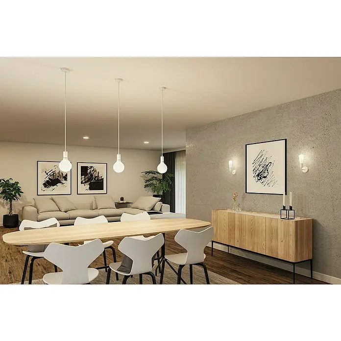Paulmann Pendelleuchte Ravi - 60 W, Ø x L: 8 x 150 cm, Weiß, E27 - Ein minimalistischer Essbereich mit einer hellen Holzplatte, weißen Stühlen und drei modernen Pendelleuchten.