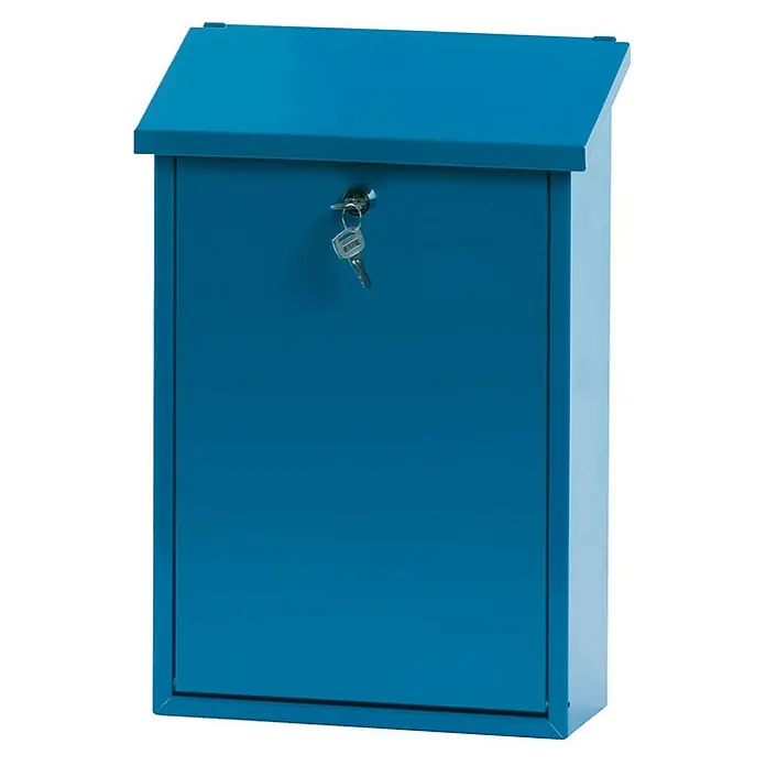 Proregal Wandbriefkasten Toledon mit Schrägdach & Zylinderschloß - Blau, Metall - Abgebildeter blauer Briefkasten mit Schlüssel. Ideal für den sicheren Empfang Ihrer Post und Pakete. Praktisch und stilvoll.