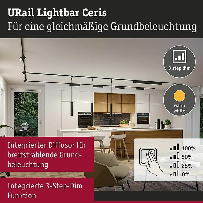 Paulmann URail LED-Lichtleiste Ceris - L x B x H: 2,3 x 37,2 x 7,4 cm, Lichtfarbe: Warmweiß, Schwarz matt, 3.000 K - Produktbild: URail Lightbar Ceris für gleichmäßige Grundbeleuchtung mit 3-Step-Dim Funktion und warmweißem Licht.