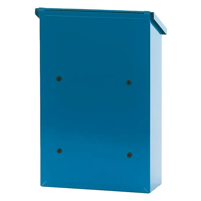 Proregal Wandbriefkasten Toledon mit Schrägdach & Zylinderschloß - Blau, Metall - Eine blaue Briefkasten mit vier Schrauben auf der Vorderseite.