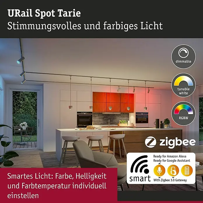 Paulmann URail LED-Spot Tarie - 5,5 W, 6 x 16,05 cm, Chrom - Intelligente URail Spot Tarie für stimmungsvolles, farbiges Licht. Dimmbar, tunable white und RGBW-fähig mit Zigbee 3.0 Gateway.