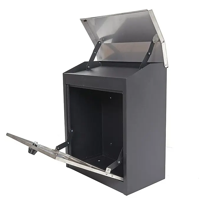 Proregal Wandbriefkasten XXL Briefkasten - L x B x H: 25 x 44 x 52 cm, Schwarz-Edelstahl, Metall, Zeitungsfach - Ein grauer abschließbarer Paketkasten mit geöffnetem Deckel und Entnahmeklappe. Sichere Aufbewahrung von Sendungen vor Witterung und Diebstahl.
