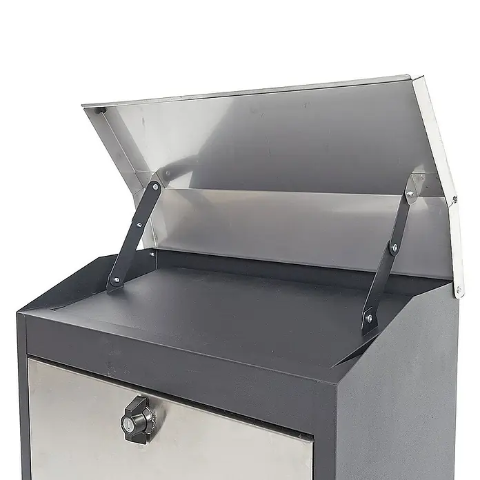 Proregal Wandbriefkasten XXL Briefkasten - L x B x H: 25 x 44 x 52 cm, Schwarz-Edelstahl, Metall, Zeitungsfach - Bild eines Briefkastens mit geöffnetem Deckel, der die Mechanik zeigt. Der Briefkasten ist aus Metall und hat ein Schloss.