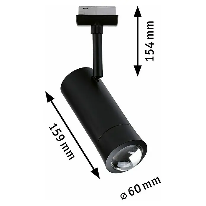 Paulmann URail LED-Spot Tarie - 5,5 W, 6 x 16,05 cm, Schwarz - Abbildung einer schwarzen Strahlerlampe mit den Maßen 154 mm Höhe, 159 mm Länge und einem Durchmesser von 60 mm.