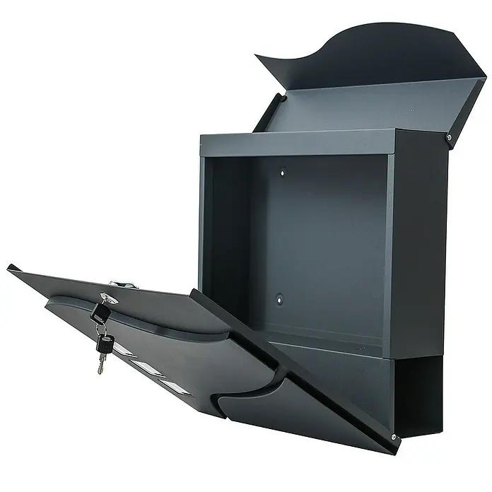 Proregal Wandbriefkasten Briefkasten - Anthrazit, Metall, Zeitungsfach - Grauer Briefkasten mit geöffneter Klappe und Schlüsseln. Der Briefkasten ist aus Metall gefertigt und hat ein modernes Design.