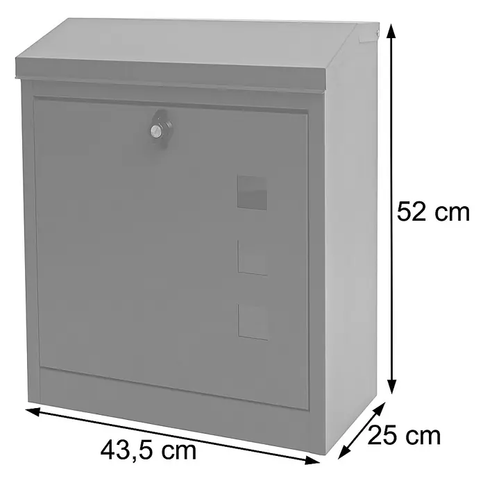 Proregal Wandbriefkasten XXL Briefkasten - L x B x H: 25 x 44 x 52 cm, Schwarz-Edelstahl, Metall, Zeitungsfach - Ein grauer Briefkasten mit den Maßen 43,5 x 25 x 52 cm ist abgebildet.