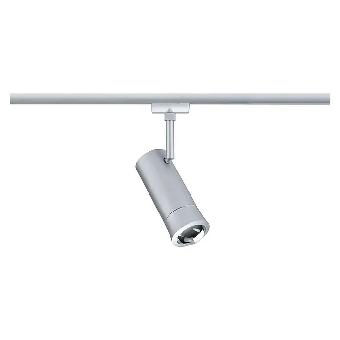 Paulmann URail LED-Spot Tarie - 5,5 W, 6 x 16,05 cm, Chrom - Nahaufnahme einer modernen, silbernen Schienenleuchte, die von einer Metallschiene hängt und das Licht nach unten abstrahlt.
