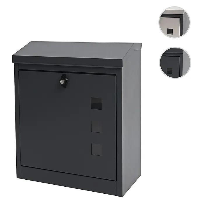 Proregal Wandbriefkasten XXL Briefkasten - L x B x H: 25 x 44 x 52 cm, Schwarz-Edelstahl, Metall, Zeitungsfach - Bild einer modernen, dunkelgrauen Briefkastenanlage mit abschließbarer Tür und kleinen Sichtfenstern.