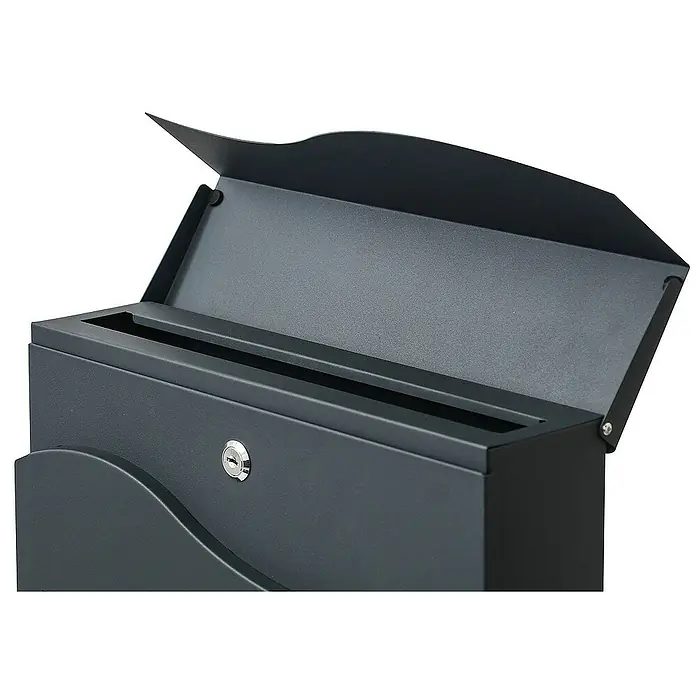 Proregal Wandbriefkasten Briefkasten - Anthrazit, Metall, Zeitungsfach - Detailaufnahme eines offenen, anthrazitfarbenen Briefkastens mit Schloss und Einwurfschlitz. Praktisch und sicher für Ihre Post.