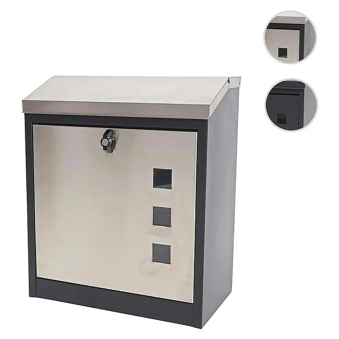Proregal Wandbriefkasten XXL Briefkasten - L x B x H: 25 x 44 x 52 cm, Schwarz-Edelstahl, Metall, Zeitungsfach - Bild einer modernen Briefkastenbox mit Edelstahltür und quadratischen Akzenten, die ein elegantes und sicheres Design hervorhebt.