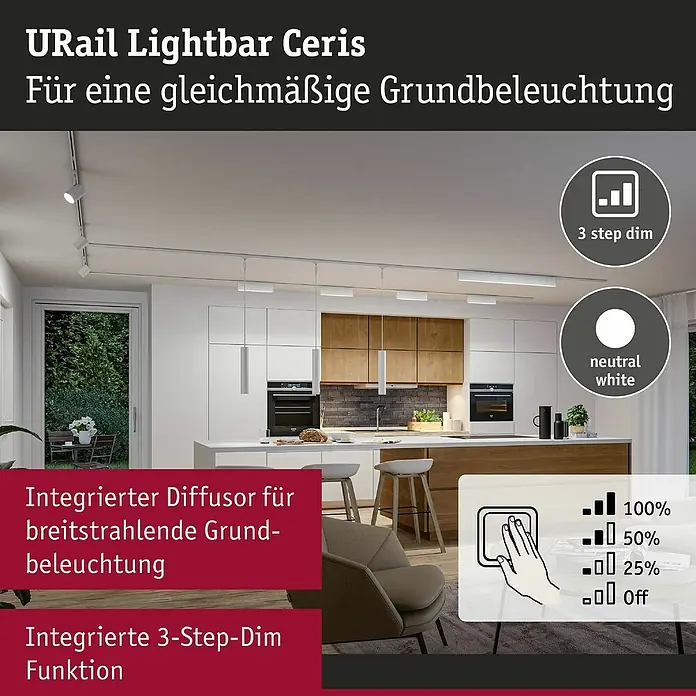 Paulmann URail LED-Lichtleiste Ceris - L x B x H: 2,3 x 37,2 x 7,4 cm, Lichtfarbe: Neutralweiß, Signalweiß, 4.000 K - URail Lightbar Ceris für gleichmäßige Grundbeleuchtung. 3-Stufen-Dimmfunktion und neutralweißes Licht für ein angenehmes Ambiente.