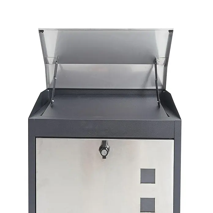 Proregal Wandbriefkasten XXL Briefkasten - L x B x H: 25 x 44 x 52 cm, Schwarz-Edelstahl, Metall, Zeitungsfach - Das Bild zeigt einen modernen Briefkasten mit geöffnetem Deckel und einem abschließbaren Fach.