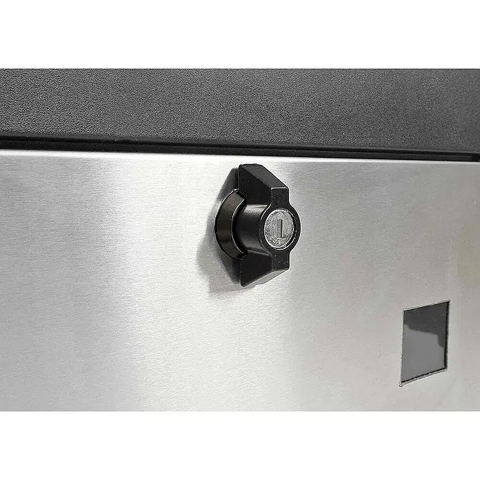 Proregal Wandbriefkasten XXL Briefkasten - L x B x H: 25 x 44 x 52 cm, Schwarz-Edelstahl, Metall, Zeitungsfach - Nahaufnahme eines schwarzen Drehriegelverschlusses an einer gebürsteten Metalloberfläche, vermutlich ein Schrank- oder Türschloss.