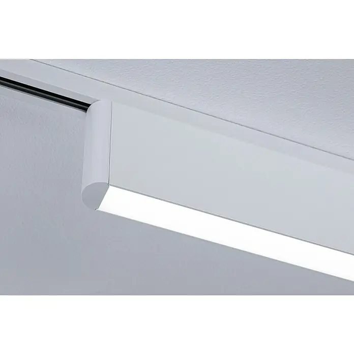 Paulmann URail LED-Lichtleiste Ceris - L x B x H: 2,3 x 37,2 x 7,4 cm, Lichtfarbe: Neutralweiß, Signalweiß, 4.000 K - Nahaufnahme einer modernen, weißen LED-Deckenleuchte, die ein helles, indirektes Licht spendet und eine elegante Atmosphäre erzeugt.