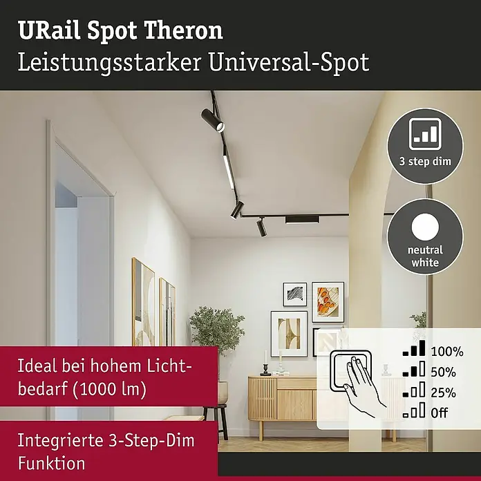Paulmann URail LED-Spot Theron - 13 W, Schwarz, Neutralweiß, 6,2 x 20 cm, 4.000 K - URail Spot Theron: Leistungsstarker Universal-Spot für hohe Lichtbedürfnisse. Integrierte 3-Step-Dim Funktion und neutralweißes Licht.
