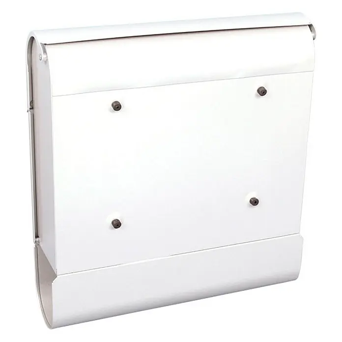 Proregal Wandbriefkasten Armilan mit Namensschild & Zeitungsfach - Weiß, Metall, Namensschild - Ein weißer, kastenförmiger Briefkasten mit abgerundeten Kanten und sichtbaren Schrauben an der Vorderseite.