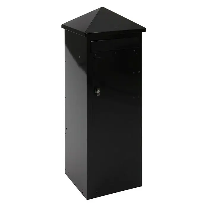 Proregal Wandbriefkasten aus Metal - L x B x H: 39 x 39 x 108 cm, Schwarz, Metall - Ein freistehender, schwarzer Briefkasten mit einem pyramidalen Dach. Der Briefkasten ist robust und wetterfest für den Außenbereich konzipiert.
