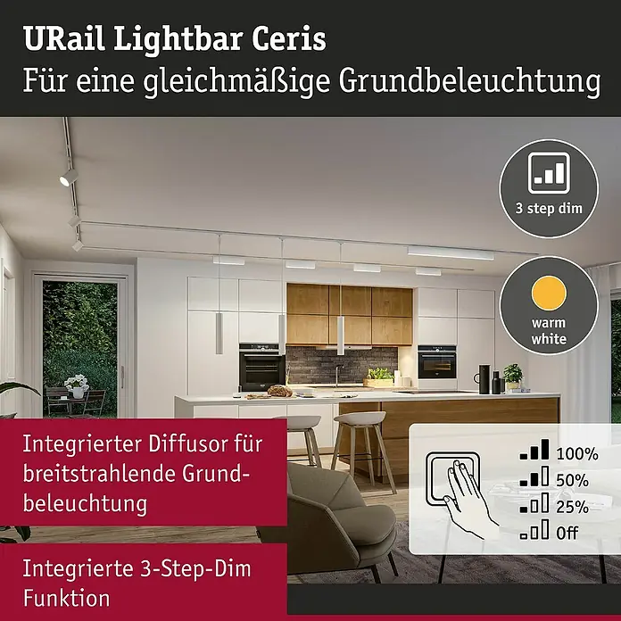Paulmann URail LED-Lichtleiste Ceris - L x B x H: 2,3 x 37,2 x 7,4 cm, Lichtfarbe: Warmweiß, Signalweiß, 3.000 K - URail Lightbar Ceris für gleichmäßige Grundbeleuchtung mit 3-Stufen-Dimmer und warmweißem Licht für angenehme Atmosphäre.
