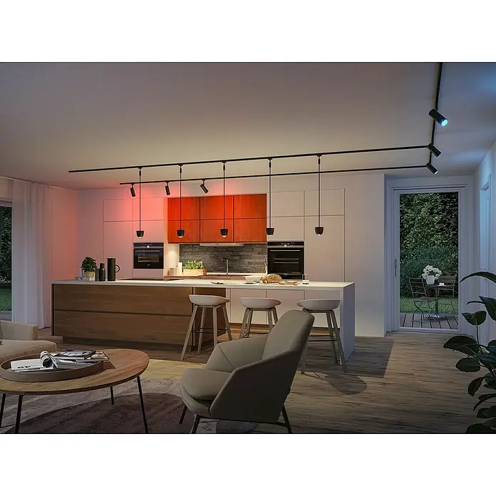 Paulmann URail LED-Pendelleuchte Tyros - 5,5 W, Ø x H: 10 x 10,3 cm, RGBW, Schwarz matt - Einrichtung mit moderner Kücheninsel und minimalistischer Beleuchtung. Die LED-Trackleuchten erhellen den Raum stilvoll.