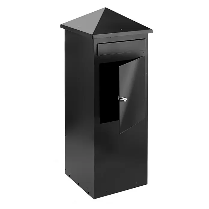 Proregal Wandbriefkasten aus Metal - L x B x H: 39 x 39 x 108 cm, Schwarz, Metall - Ein schwarzer Briefkasten mit Pyramidendach und abschließbarer Tür, ideal für den Außenbereich. Stilvolles Design für sichere Postaufbewahrung.