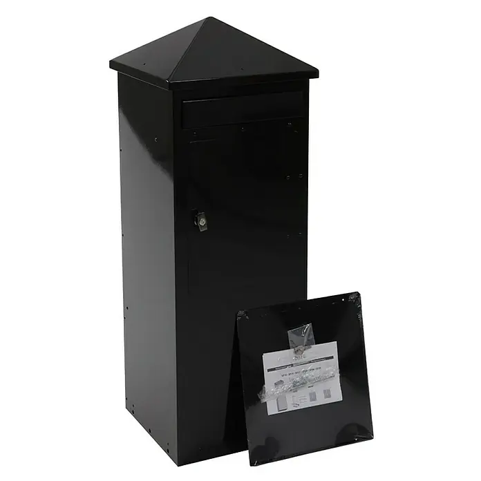 Proregal Wandbriefkasten aus Metal - L x B x H: 39 x 39 x 108 cm, Schwarz, Metall - Ein schwarzer Briefkasten mit Pyramidendach und Zubehör, ideal für den Außenbereich, um Ihre Post sicher und stilvoll aufzubewahren.