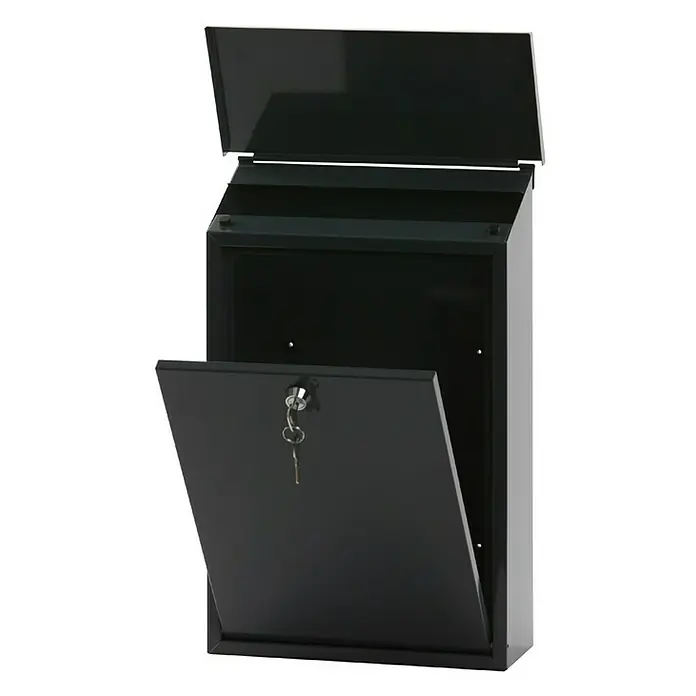 Proregal Wandbriefkasten Toledon mit Schrägdach & Zylinderschloß - Anthrazit, Metall - Ein offener, schwarzer Briefkasten mit Schlüsseln, der einen klaren Blick auf das Innere ermöglicht. Ideal für sicheren Empfang Ihrer Post.