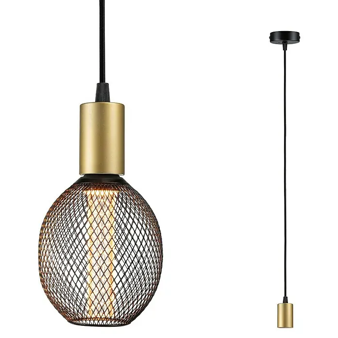 Paulmann Pendelleuchte Ravi - 60 W, Ø x L: 8 x 150 cm, Schwarz/ Gold, E27 - Hängeleuchte mit dekorativem Drahtschirm und goldfarbenen Akzenten, ideal für modernes Interieur.