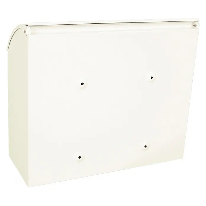 Proregal Wandbriefkasten Denian mit Namensschild - Weiß, Metall, Namensschild - Weiße Wand-Briefkastenansicht mit vier Befestigungslöchern. Der Briefkasten ist robust und bereit zur Montage an einer Hauswand.
