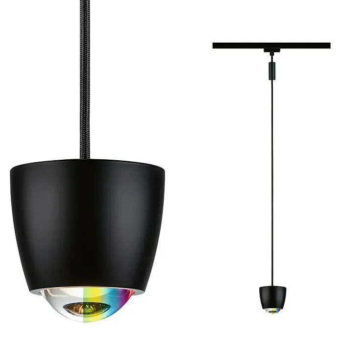 Paulmann URail LED-Pendelleuchte Tyros - 5,5 W, Ø x H: 10 x 10,3 cm, RGBW, Schwarz matt - Produktansicht: Moderne schwarze Hängelampe mit farbigem Lichteffekt und minimalistischem Design für stilvolle Innenräume.