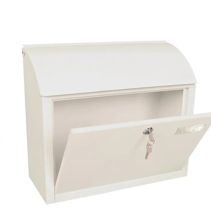 Proregal Wandbriefkasten Denian mit Namensschild - Weiß, Metall, Namensschild - Ein geöffneter, weißer Briefkasten mit Schlüssel. Der Metallbriefkasten ist bereit, Post zu empfangen, mit einem Schloss für Sicherheit.