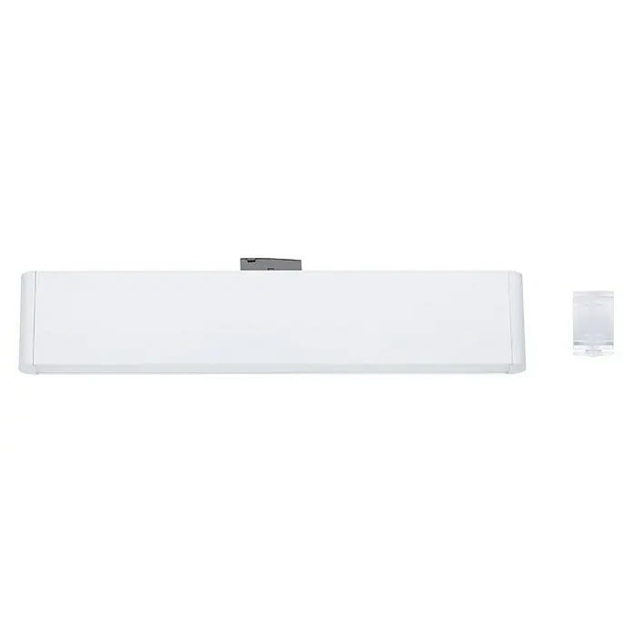 Paulmann URail LED-Lichtleiste Ceris - L x B x H: 2,3 x 37,2 x 7,4 cm, Lichtfarbe: Warmweiß, Signalweiß, 3.000 K - Eine Nahaufnahme einer weißen Lichtleiste mit einem grauen Montageclip in der Mitte und einem weißen Zylinder an einem Ende.