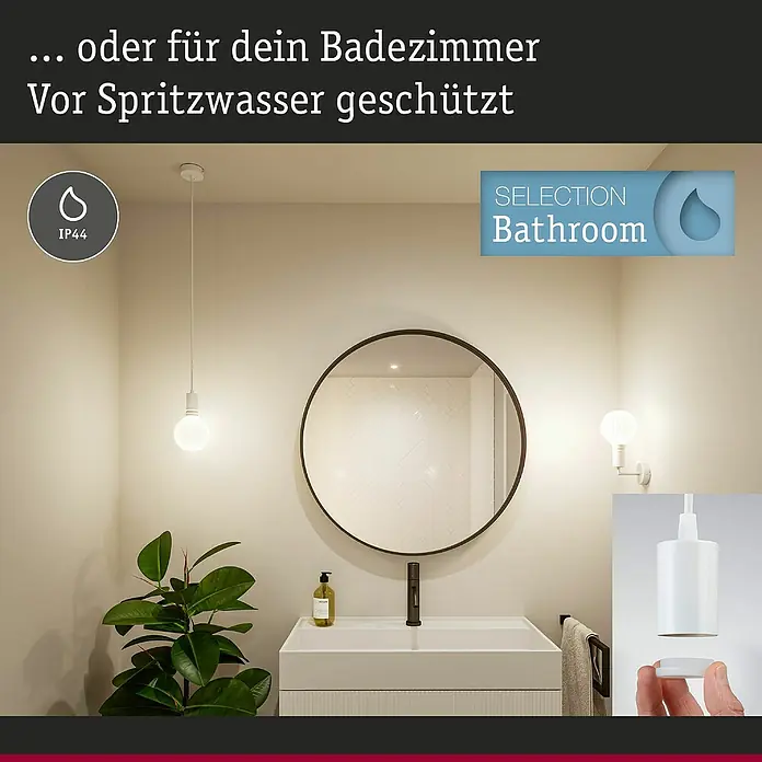 Paulmann Pendelleuchte Ravi - 60 W, Ø x L: 8 x 150 cm, Weiß, E27 - Ein stilvolles Badezimmer mit einer modernen Beleuchtungslösung, die durch ihre Spritzwasserfestigkeit überzeugt.