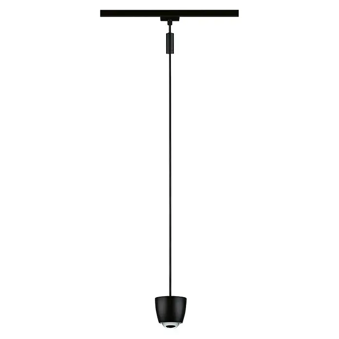Paulmann URail LED-Pendelleuchte Tyros - 5,5 W, Ø x H: 10 x 10,3 cm, RGBW, Schwarz matt - Nahaufnahme einer modernen, schwarzen Stehlampe mit verstellbarem Arm, die elegantes Design und Funktionalität vereint.